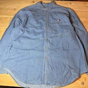Vintage Tommy Hilfiger Shirt Mens XL Blue Denim Button Down Long Sleeve 90s
